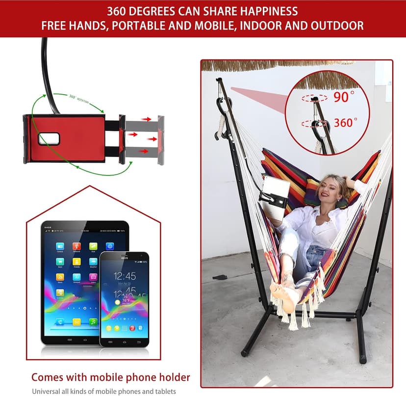 ZEYU Hammock Chair with Stand Double Hammock Chair Bohemian Style with Tassel Mobile Phone Support Manual Adjustable Swing Indoor and Outdoor Garden Porch with Floor mat Reclining Capacity 400 pounds