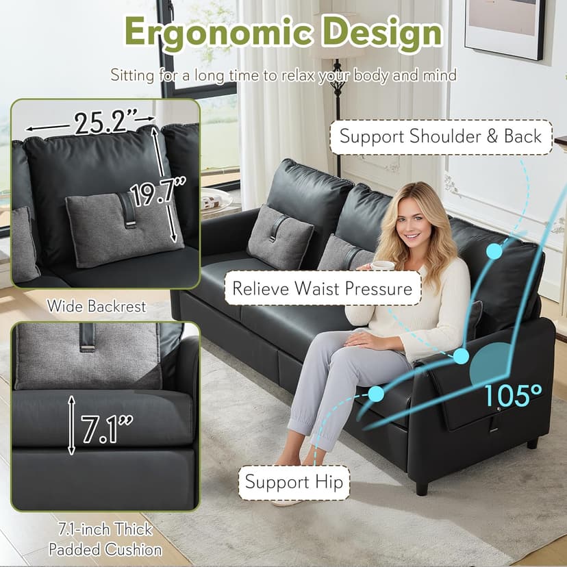 STHOUYN 88” Faux Leather Couch for Living Room, Black Office Couch Small Space, Comfy 3 Seater Couches Leather Sofa with High Backrest (Black)