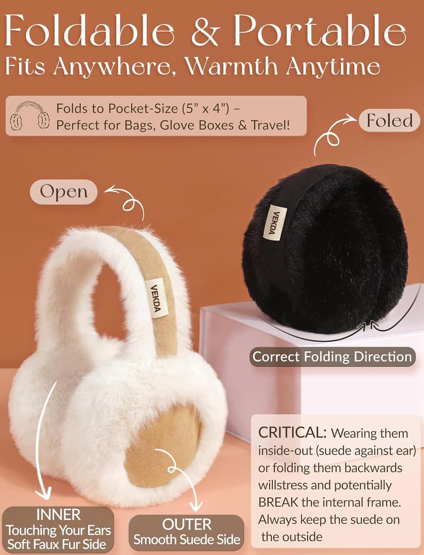 VEKDA Ear Muffs for Winter Women Fuzzy Ear Warmers Foldable Cute Earmuffs