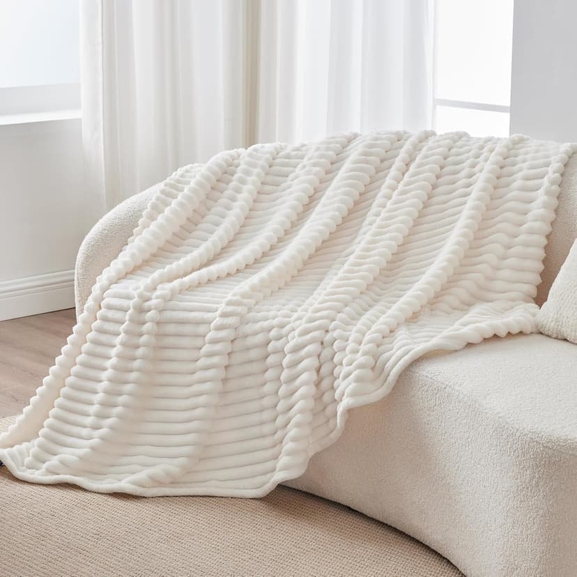 Ultra-Soft Plush Fleece, Cozy, Warm Yet Lightweight, Ribbed Texture, Home Decor, Machine Washable, Giftable, All-Season Use BEDELITE Ribbed Fleece Throw Blanket for Couch, Cream, 50"x60" B0CSFJR66V