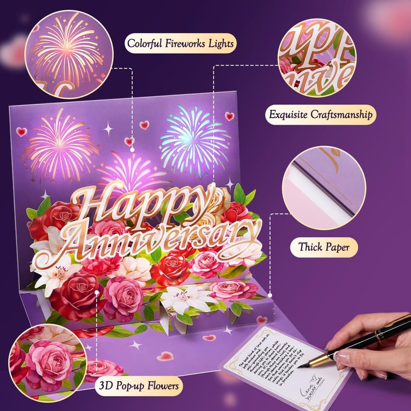 Airpark Anniversary Card with Music & Lights, 3D Pop Up Happy Anniversary Cards for Him Her Husband Wife Couple, Fireworks & Rose Lily Paper Flowers