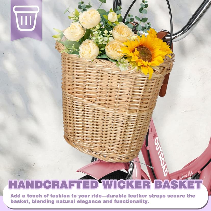 Beach Cruiser Bike for Adult, 24 & 26 Inch Comfort Bikes with Rattan Front Basket, Womens Bicycle with Adjustable Seat and Dual V-Brake (Pink & White & Green & Purple & Black)