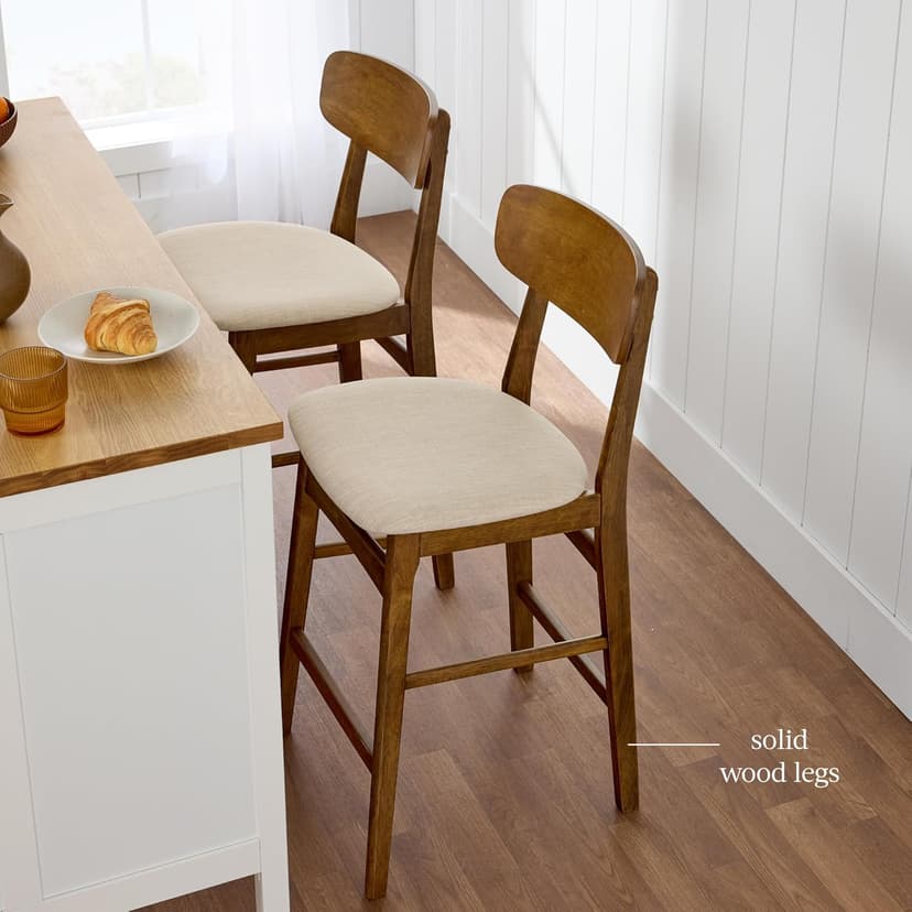 Best Choice Products Bar Stool Set of 2, Modern Farmhouse Counter Height Stools w/Upholstered Cushioned Seat, Wooden Curved Backrest - Walnut/Cream