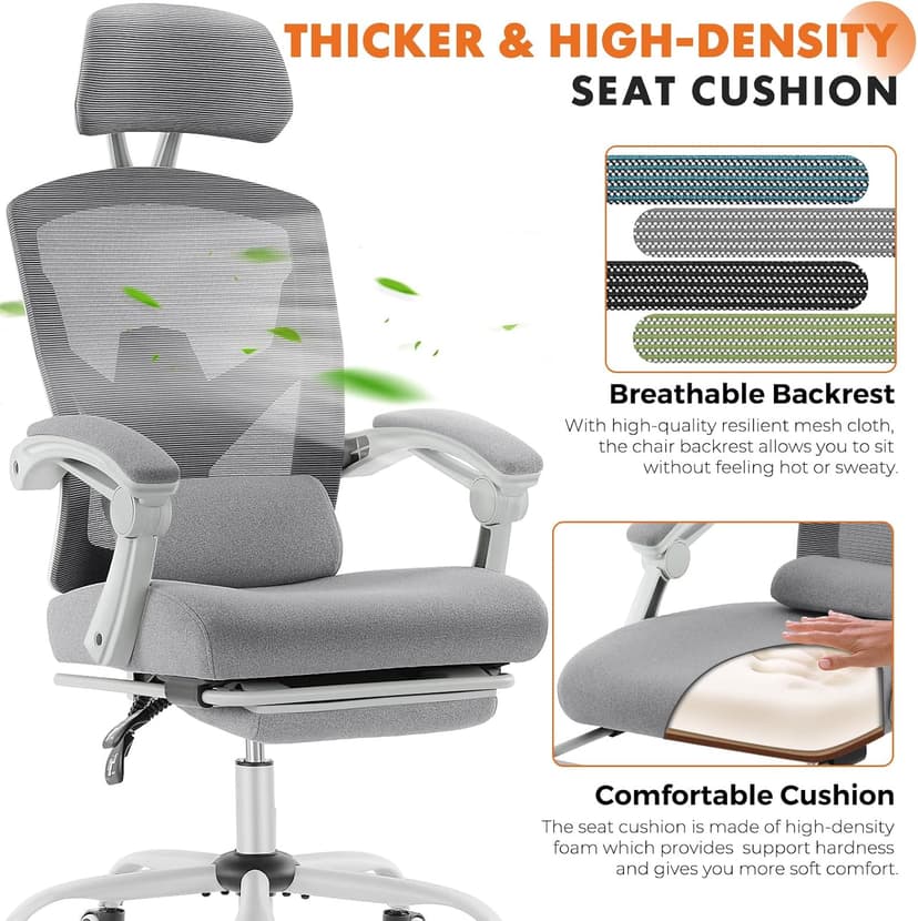 Sweetcrispy Office Computer Desk Chair with Footrest,Ergonomic High-Back Mesh Rolling Work Swivel Chairs with Wheels,Comfortable Lumbar Support,Comfy Arms for Home,Bedroom,Study,Student,Light Grey