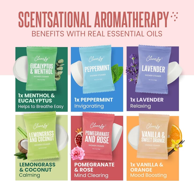 Cleverfy Shower Steamers Aromatherapy for Women and Men – Self-Care Shower Bombs for Stress Relief and Relaxation – 6 Tablets