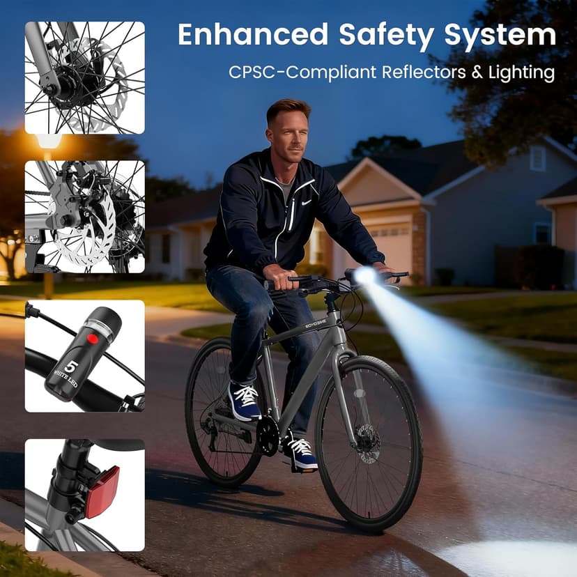 MOONCOOL Hybrid Bike for Men, 700C Aluminum 29LBS Ultra-Light 8-Speed Commuter Bike, 350lb Capacity, 29" Adult Urban Bicycle, Dual Disc Brakes, for Tall Men&Women, 85% Pre-Assembled