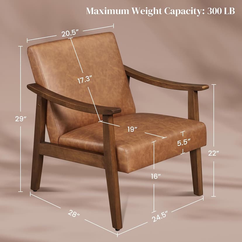 Yaheetech PU Leather Accent Chair, Mid-Century Modern Armchair with Solid Wood Legs, Reading Leisure Chair with High Back for Living Room Bedroom Waiting Room, Brown
