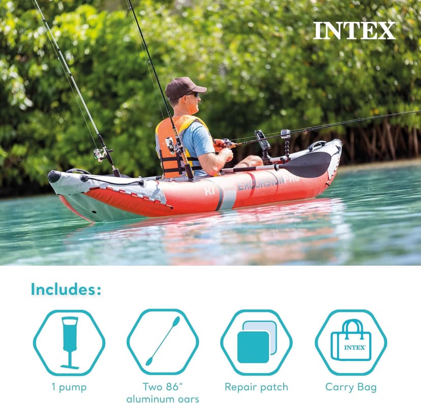 INTEX 68303EP Excursion Pro K1 Inflatable Kayak Set: Includes Deluxe 86in Kayak Paddles and High-Output Pump – SuperTough PVC – Adjustable Bucket Seat – 1-Person – 220lb Weight Capacity
