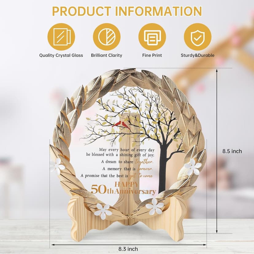 50th Anniversary Wedding Unique Gifts Ideas Crystal Plate with Gold Leaf Wreath - 50th Anniversary Wedding Gifts for Parents Couple - Cardinal Style