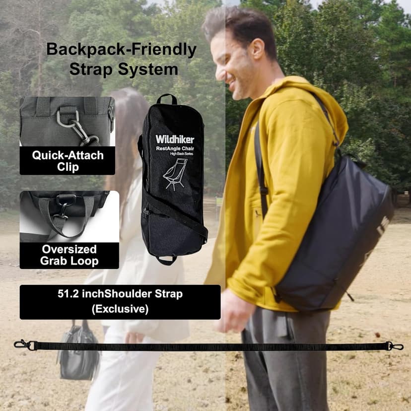 Wildhiker Portable Compact Folding Camping Chairs – Lightweight High Back with Pillow, Deep Recline, ArmPads, Side Pockets-for Motorcycle, RV, Backpacking, Travel, Festival – Black