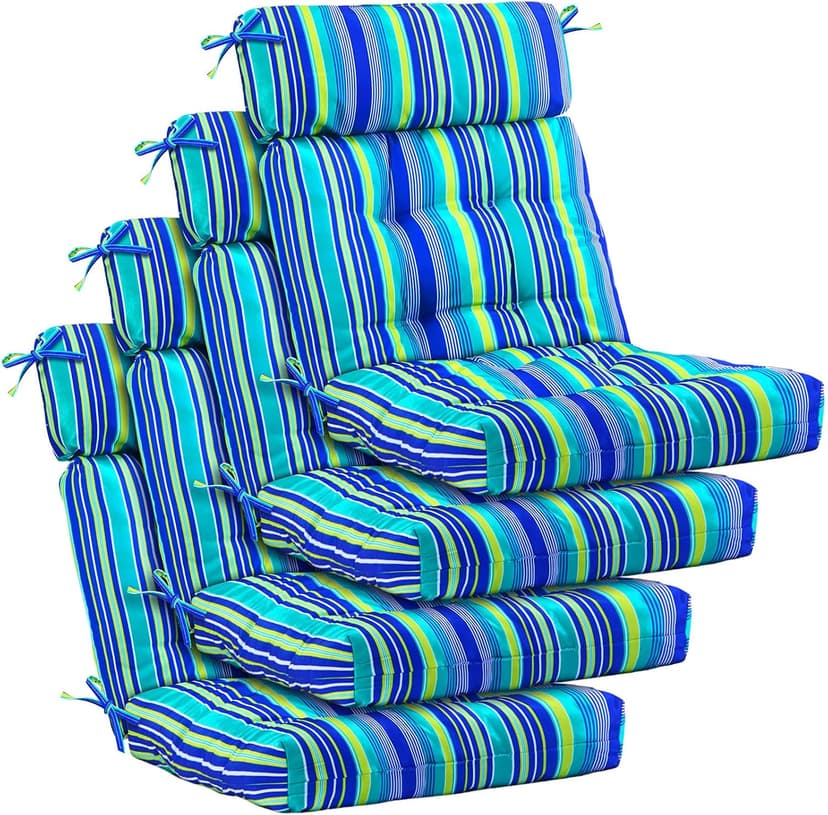 Barydat 4 Pcs Tufted High Back Chair Cushion Indoor Outdoor Seat and Back Cushions Palm Leaves Tropical Plants Lawn Rocking Chair Pads with Ties for Adirondack Patio Garden(Blue Stripes)