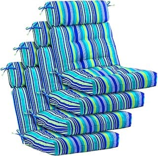 Barydat 4 Pcs Tufted High Back Chair Cushion Indoor Outdoor Seat and Back Cushions Palm Leaves Tropical Plants Lawn Rocking Chair Pads with Ties for Adirondack Patio Garden(Blue Stripes)
