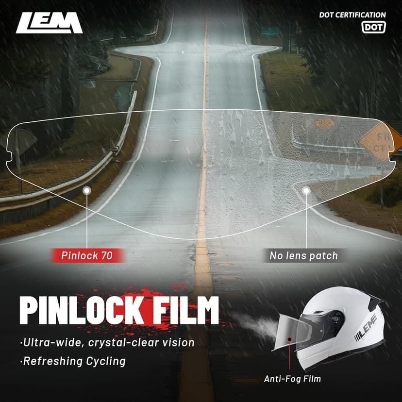 LEM Modular Motorcycle Helmets Fiberglass, Full Face Motorcycle Helmet Flip Up for Touring, DOT Certified, Release Sun Visor & Removable Comfort Liner, Lightweight Street Bike Helmet (White, M)