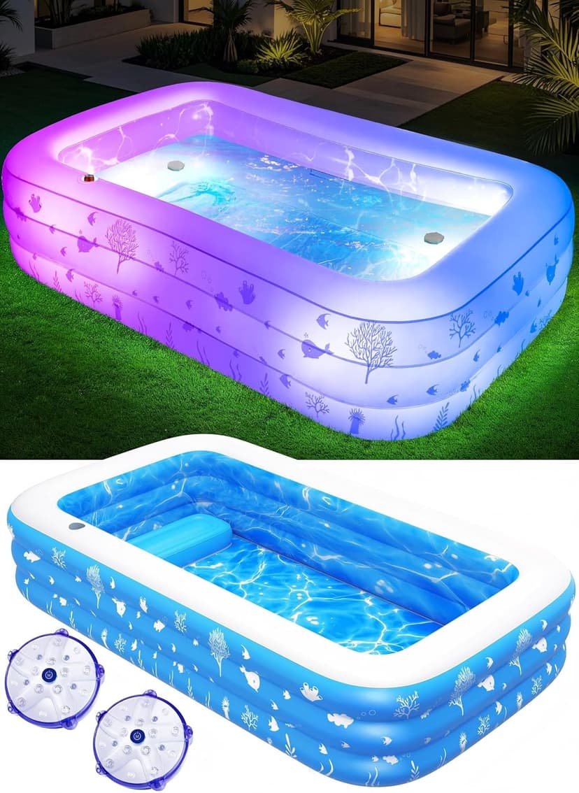 Inflatable Pool with Seat and Pool Lights, Durable Thickened Large Size Inflatable Pools for Adults Blow Up Pools,100" x 63" x 22"Swimming Inflatable PooI for Backyard,Outdoor (White)