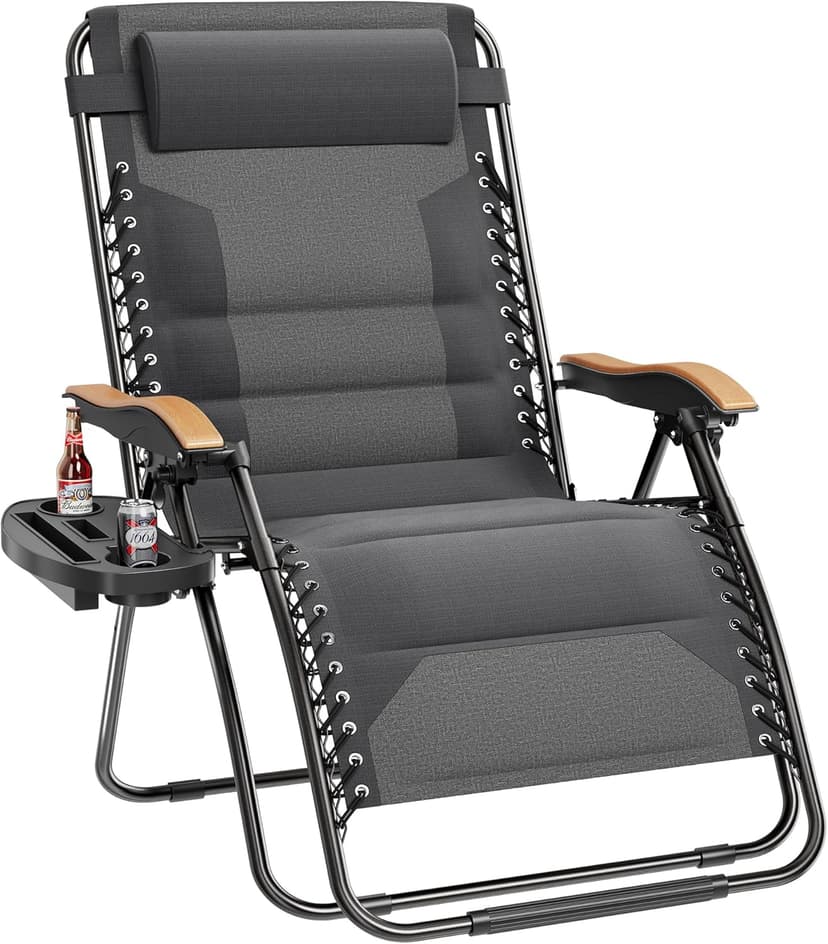 PHI VILLA XXL Oversized Padded Zero Gravity Chair, Foldable Patio Recliner, 30" Wide Seat Anti Gravity Lounger with Cup Holder, Support 400 LBS (Light Gray)