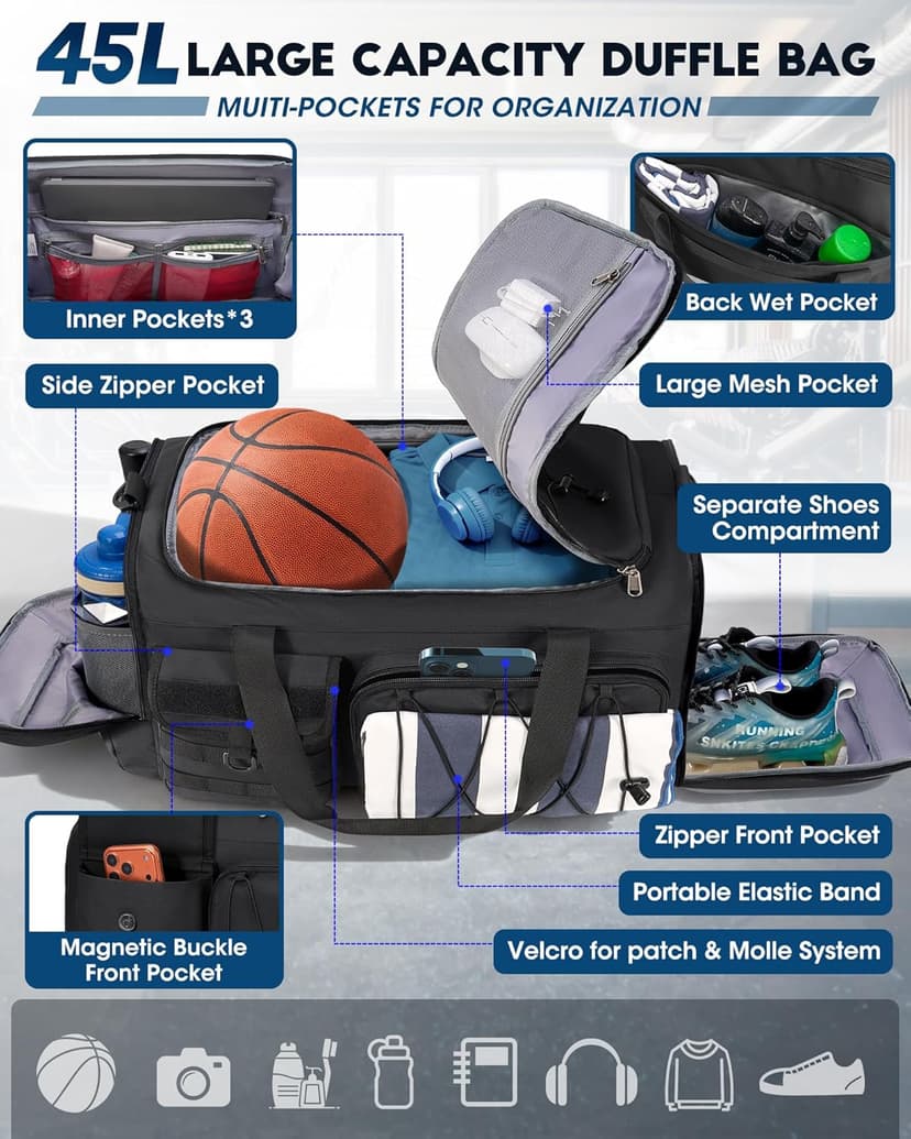 SDYSM Gym Bag for Men 45L Sports Duffel Bags 3-in-1 Travel Duffel Bag with Shoe Compartment, Gym Workout Backpack Carry On Weekender Bag Overnight Bag for Travel, Black