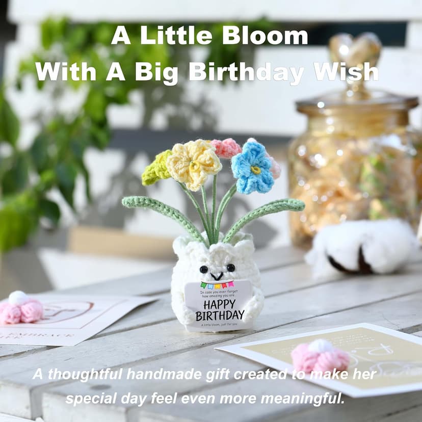Happy Birthday Message Card, Cute Colorful Handmade Keepsake, Gift for Her, Mom, Best Friend, Sister, Coworker, 4.7 × 2.4 In Crochet Forget Me Not Flower Pot Birthday Gifts for Women B0GXV6J1ZG