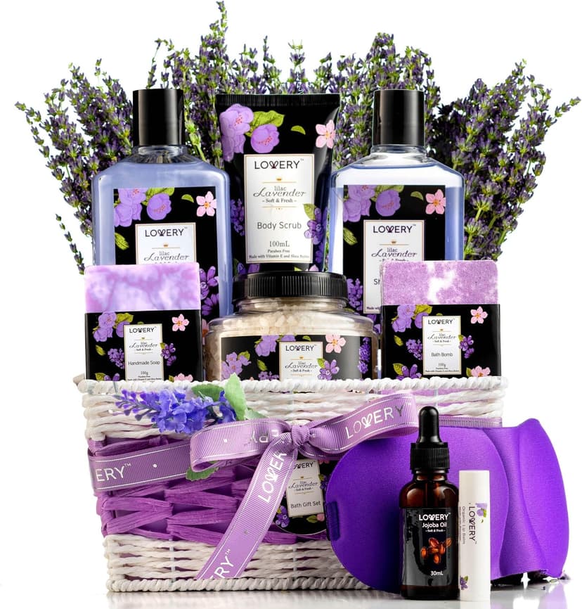 Gifts for Women, Moms, Lavender & Lilac Spa Gift Basket Set - Handmade Soap, Potpourri, Bath Bomb, Jojoba Oil, Organic Lip Balm & More - Stress Relief, Bath & Body Self Care Package B08DFG13DT
