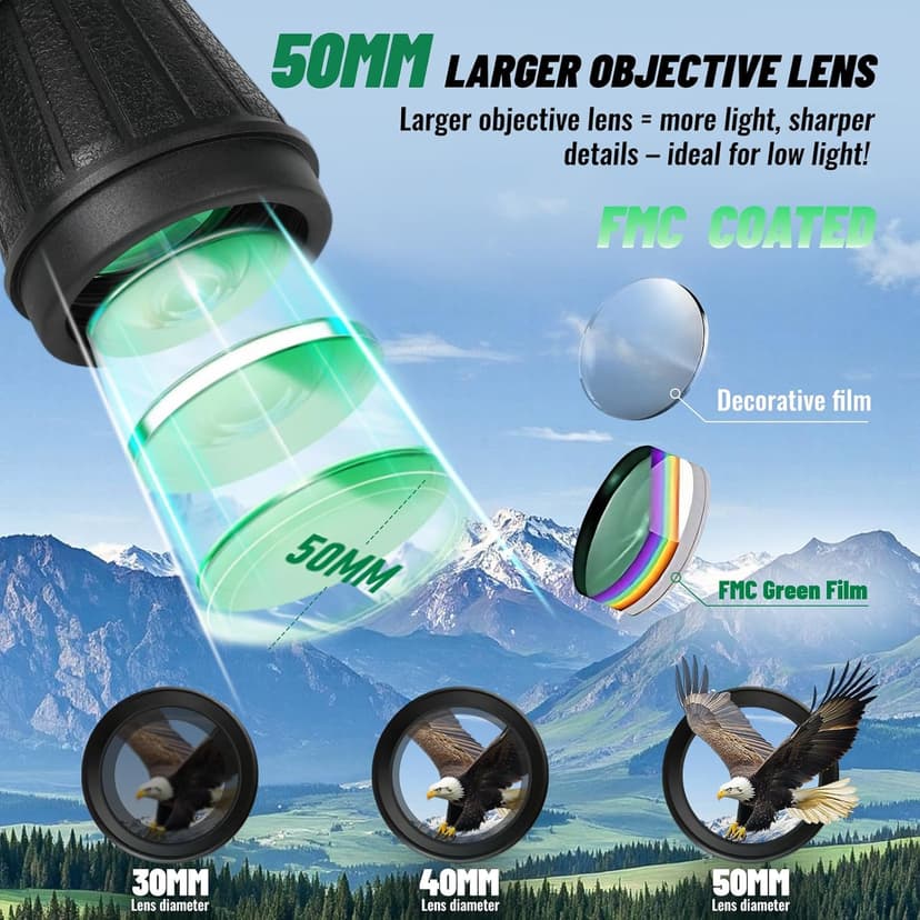 10x50 Binoculars with Dual Independent Eyepiece Adjustment, with BAK4 Prism FMC Lens Low Light Vision & Large View - Professional Binocular for Bird Watching Hunting Stargazing Sports Travel