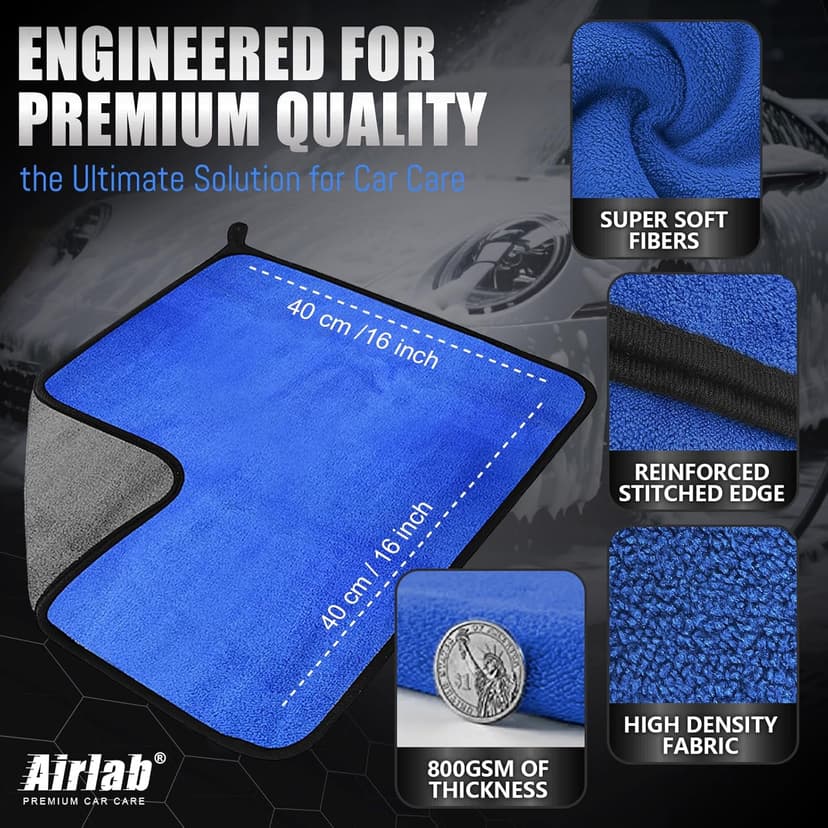 Airlab Microfiber Towels for Cars Wash Drying Thick Plush Cleaning Cloth Auto Detailing Super Absorbent for Interior & Exterior Lint Free, Streak Free, 16" X 16", 800 GSM, Pack of 4