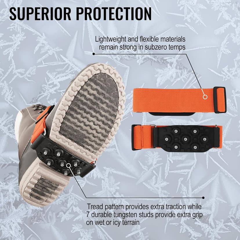 Global Glove Ice Gripster Treads Nonslip Traction Cleats for Snow and Ice, Anti-Slip Overshoe Mid-Sole Crampons with Adjustable Straps, 7 Tungsten Studs for Secure Grip, Orange and Black