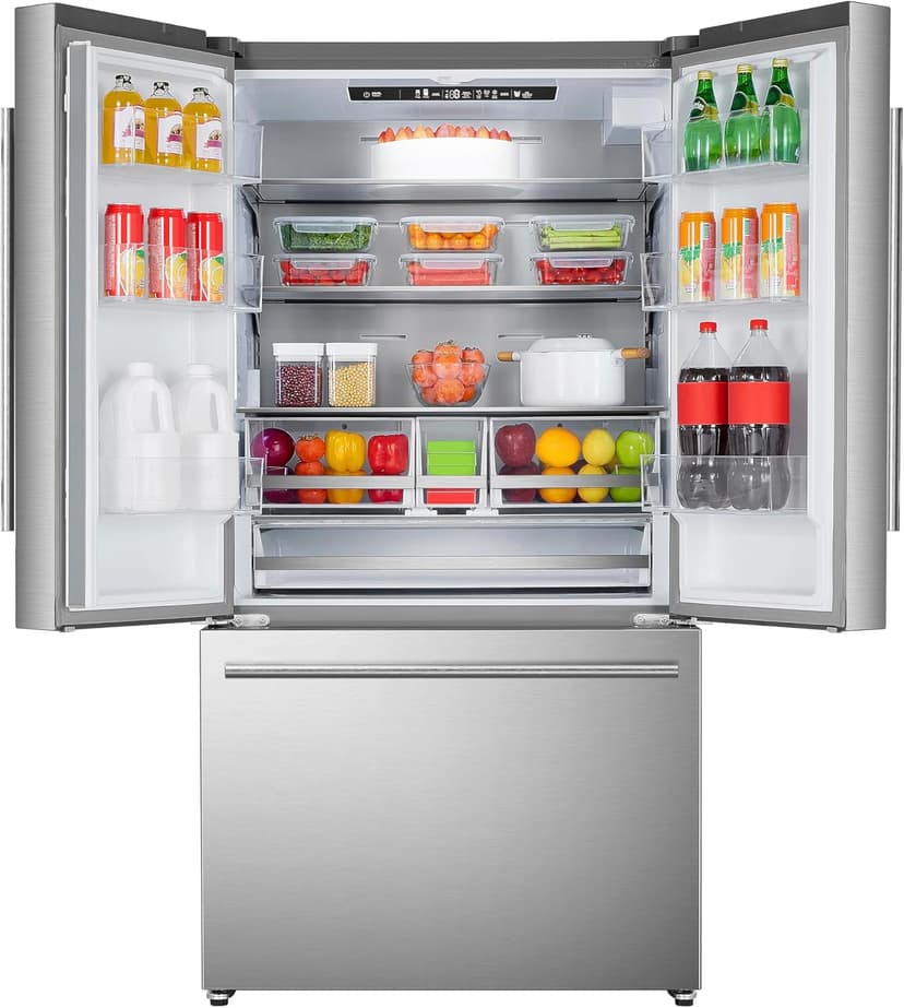 DE210FDBMDSS Refrigerator Built in with French Doors Adjustable Glass Shelves Dual Drawer Bottom Freezer with Ice Maker, LED Interior Light and Stainless Steel Exterior, 36-Inch, Metallic