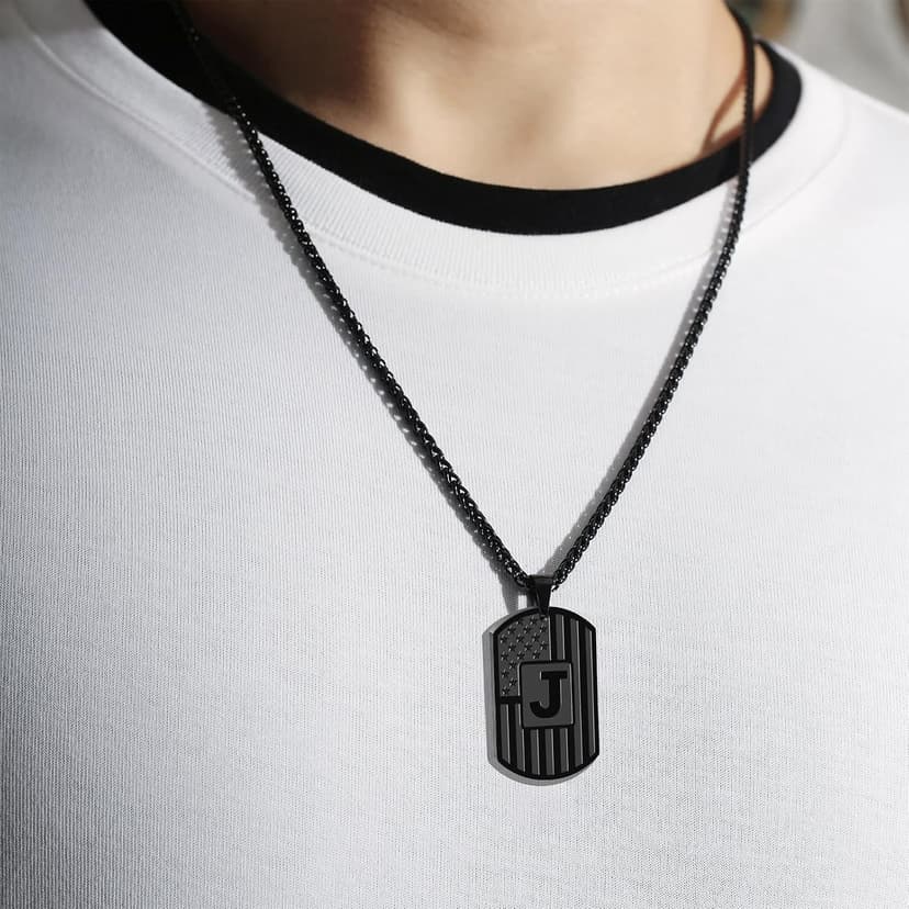 Initial A-Z Letter Necklace for Men Kids Teen Stainless Steel American Flag Dog Tag Pendent Birthday Gifts Gifts for Boys - Initial Necklace for Men Boys Kids Teen Jewelry Gifts B0CW98XXJP