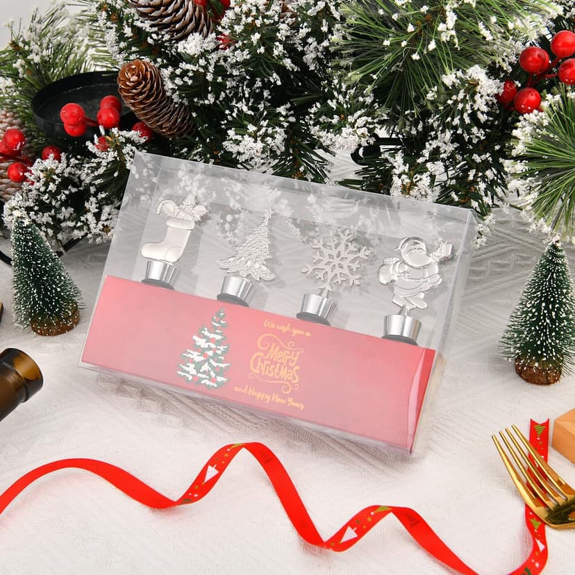 4PCS Christmas Wine Bottle Stoppers, Alloy Xmas Wine Bottle Stoppers for Keeping Wine Fresh,Wine Accessories Gift for Hostess Christmas Bottle Corkers,Winter Decor Bottle Stopper Holiday Party Supplie