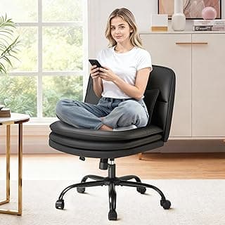 Furmax Criss Cross Legged Office Chair with Wheels, Armless Extra Wide Seat Swivel Desk Chair, Adjustable Height Comfy Task Chair with Thick Cushion for Home Office Bedroom Vanity (PU Leather, Black)