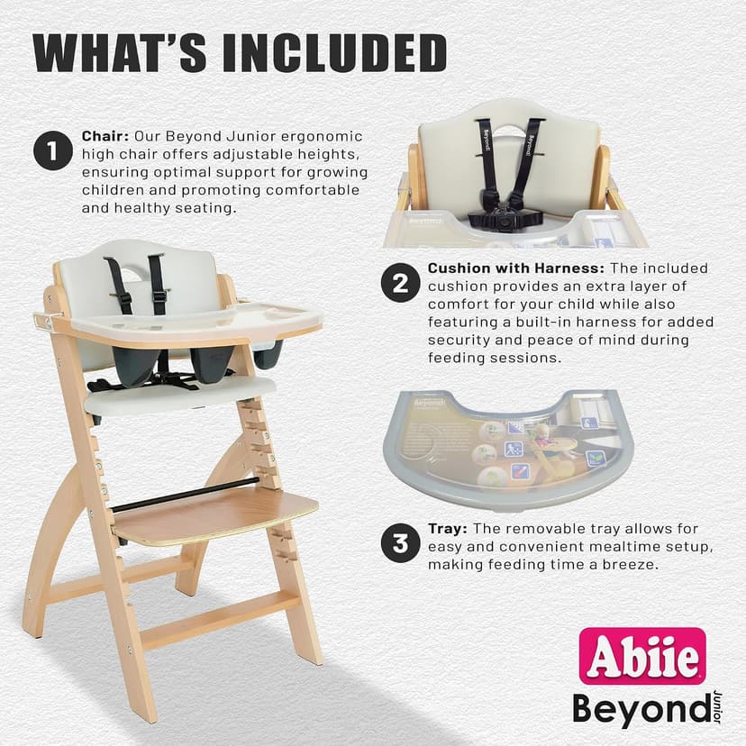 Abiie Beyond Junior Wooden High Chair for Babies and Toddlers - Convertible 3-in-1 Baby Highchair with Removable Tray - 6 Months to 250 Lb - Water Resistant - Natural Wood/Dove Grey Cushion