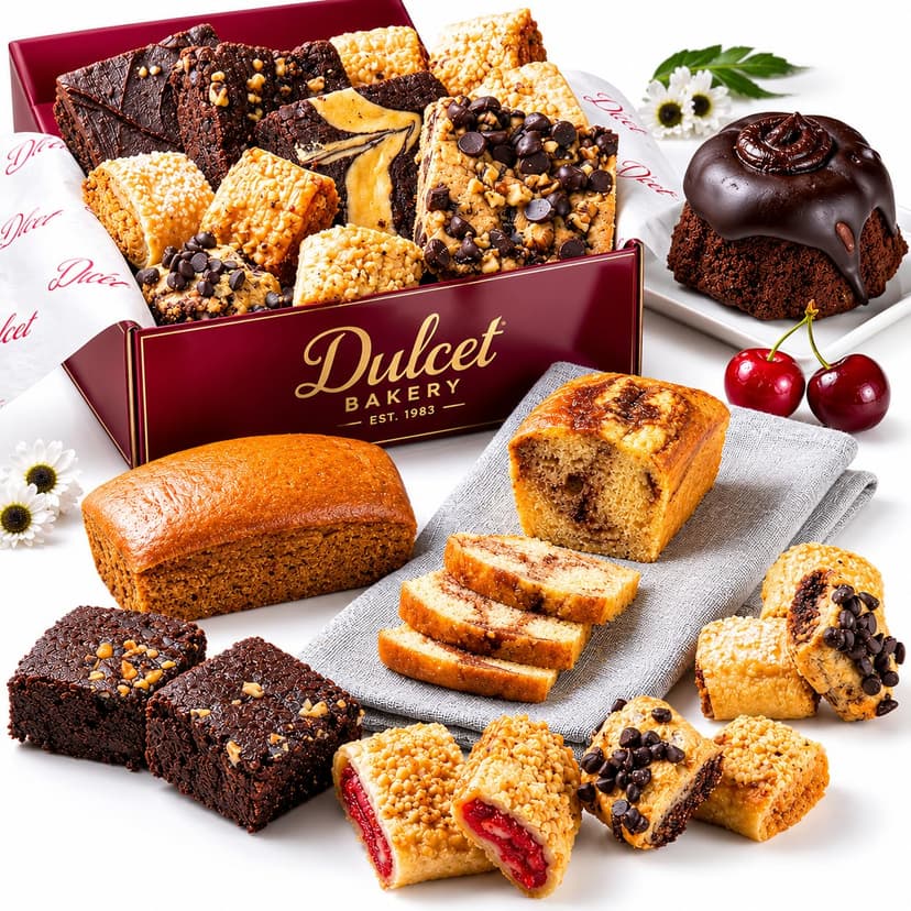 Dulcet Gift Basket - Beautiful Designed Box with Magnetic Closing Clasp - Gift Basket with Freshly Baked Gourmet Goods Each Individually Wrapped - Personalized Notes Included.