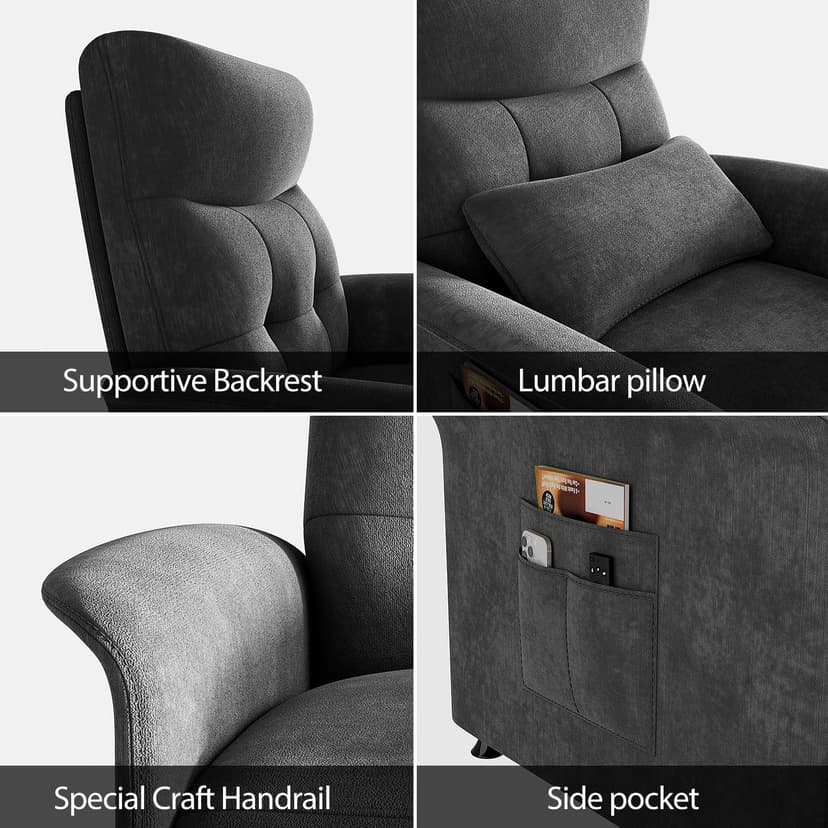 Power Recliner Chair for Adults with Heat & Massage - Soft Fabric Electric Reclining Sofa with Remote Control, 180° Lay Sleeper 3 Side Pockets for Living Room Home Theater, Dark Grey