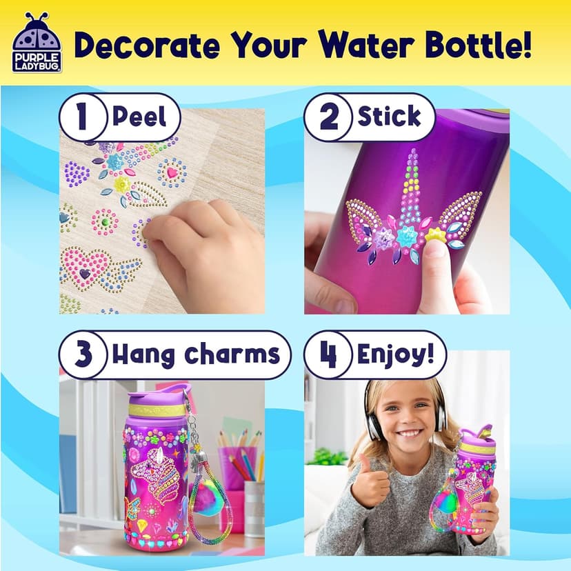PURPLE LADYBUG Decorate Your Own Water Bottle Kit for Girls - Gifts for Ages 5 6 7 8 9 10 Year Old Girl Birthday, Girl Christmas Gifts Unicorn Toys Crafts Kids Ages 6-12
