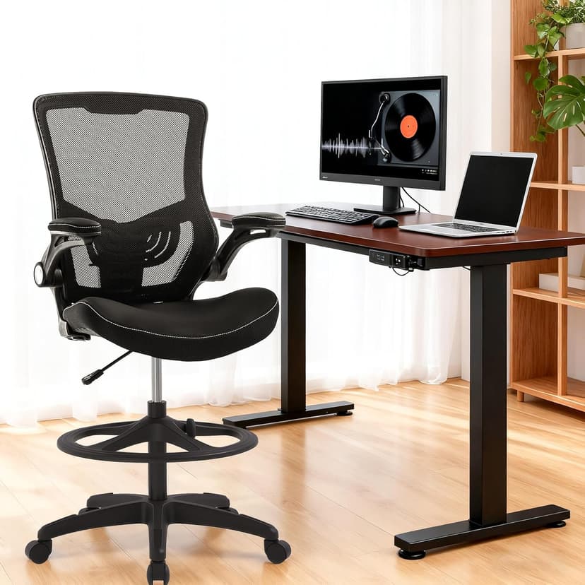 BestOffice Drafting Chair Ergonomic Tall Office Chair Standing Desk Chair with Flip Up Arms Foot Rest Back Support Adjustable Height Mesh Drafting Stool, Dark Black