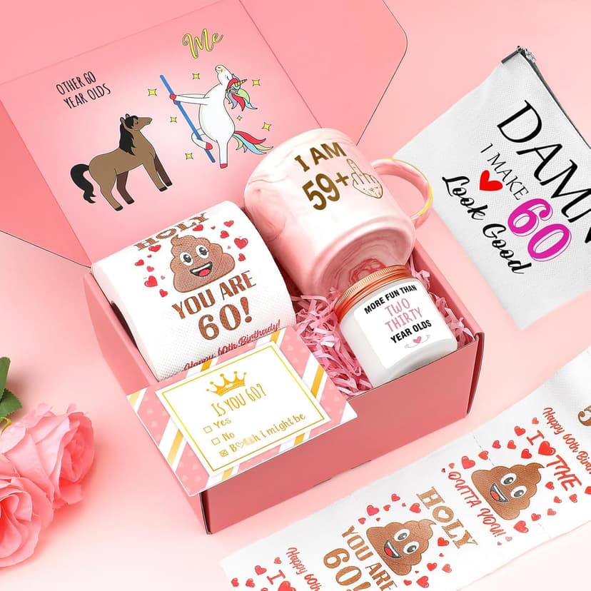 60th Birthday Gifts for Women Funny 60 Year Old Birthday Gifts for Women Turning 60 Gift for Woman 60th Bday Decorations for Woman Mom Her - Coffee Mug Card Makeup Bag Toilet Paper