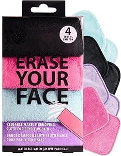 ERASE YOUR FACE Reusable Makeup Remover Cloths - Microfiber Face Towels to Cleanse & Remove Makeup - Water Activated for Sensitive Skin - Multi-Color (4 Count)