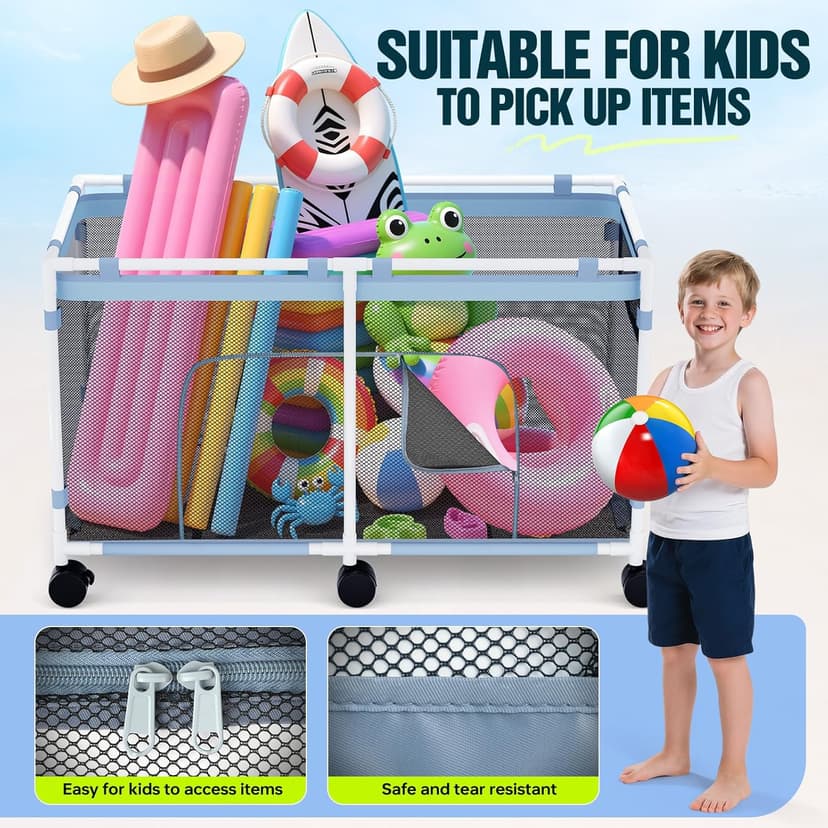 Pool Float Storage - Outdoor Pool Toy Storage Organizer for Pool Noodles, Toys, Floats, Beach Balls, and Equipment, Above Ground Pool Accessories, Rolling Outdoor Pool Storage Bin with Zipper Design