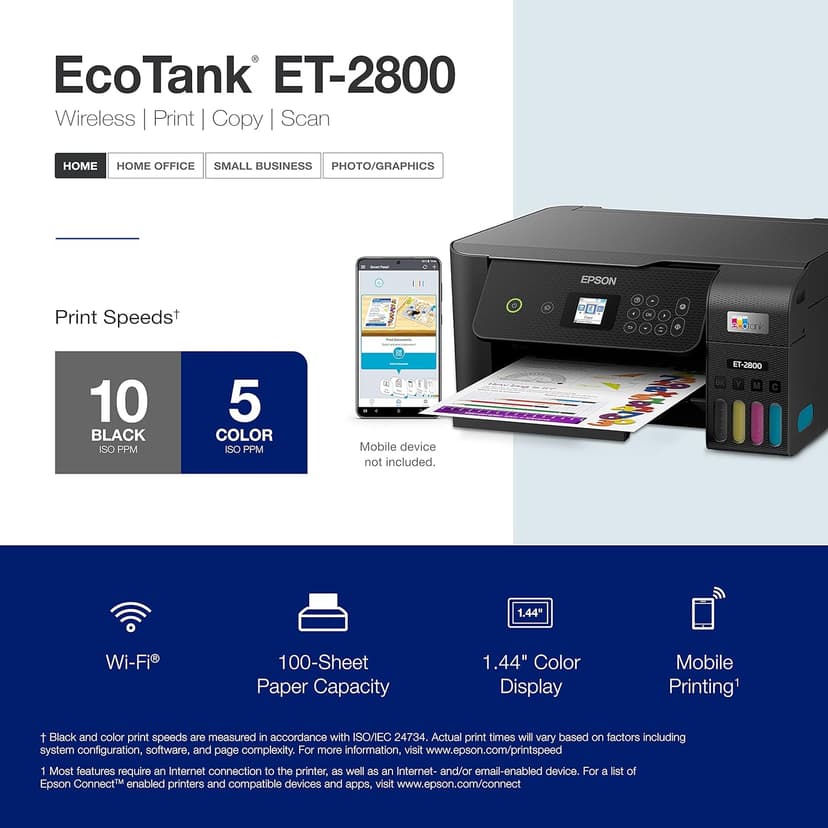 Epson EcoTank ET-2800 Wireless Color All-in-One Cartridge-Free Supertank with Scan and Copy, The Ideal Basic Home Printer - Black