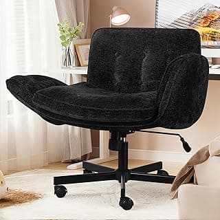 Criss Cross Chair with Wheels & Arms, Chenille Cross Legged Office Chair with 5-level Folding Armrest, Comfortable Adjustable Swivel Vanity Chair for Home, Make Up, Bed Room, Office, Accent (Black).