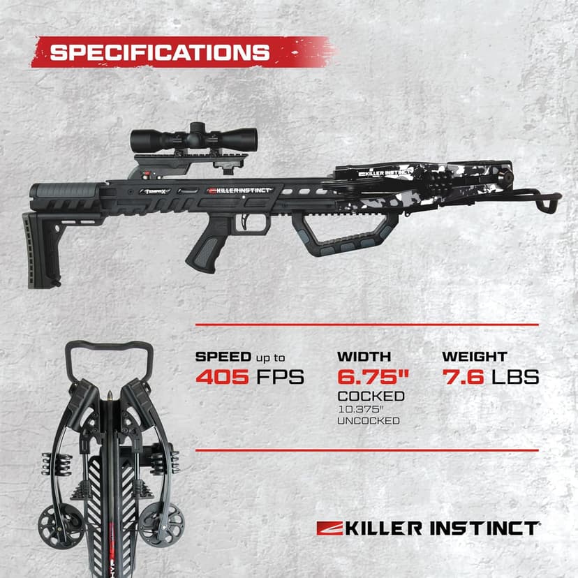 Killer Instinct TEMPR-X Crossbow Kit 405 FPS 195 LB Draw Weight - X CAM Synchronized Design with Lumix 4x32 Scope and Anti-Dry Fire Safety