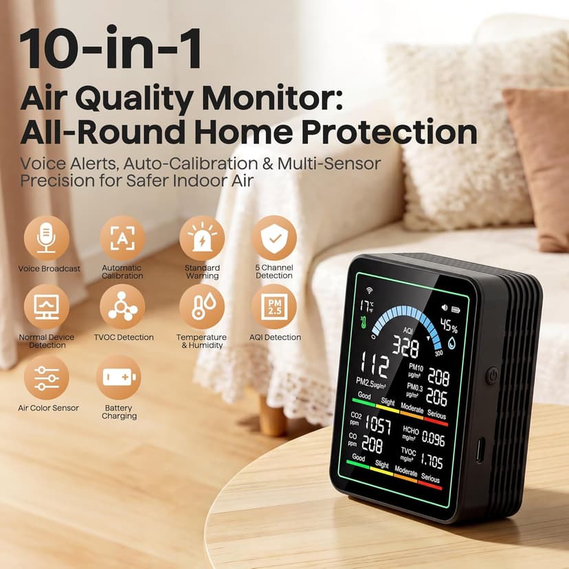Air Quality Monitor Indoor, 10 in 1 Portable Smartair Quality Tester for CO2 | CO | TVOC | HCHO | Temp | AQI | PM0.3-1 Detection Suitable for Home, Cars, Plants, Pets and Hotels -Black