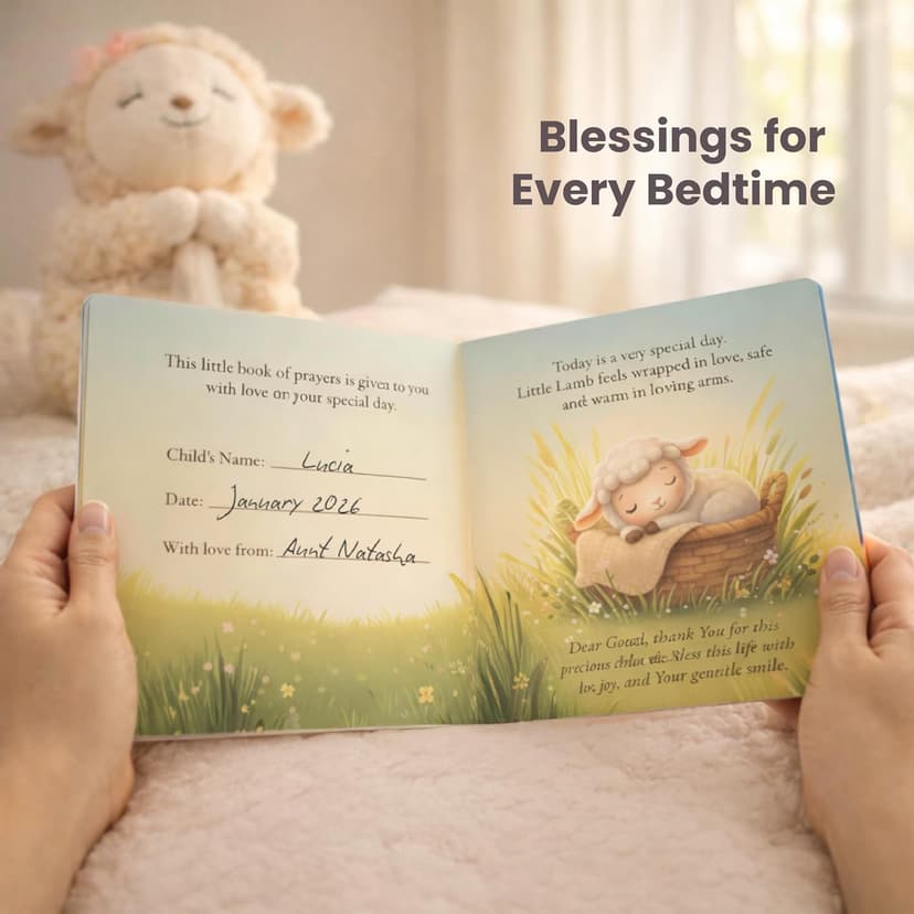 Ready-to-Gift Box: 10" Praying Lamb Plush with Pink Bow, Bamboo Muslin Blanket, First Prayer Book & Card. Baptism Gifts for Girl - Christening & Dedication 5-Piece Keepsake Set B0GHZRX7RP