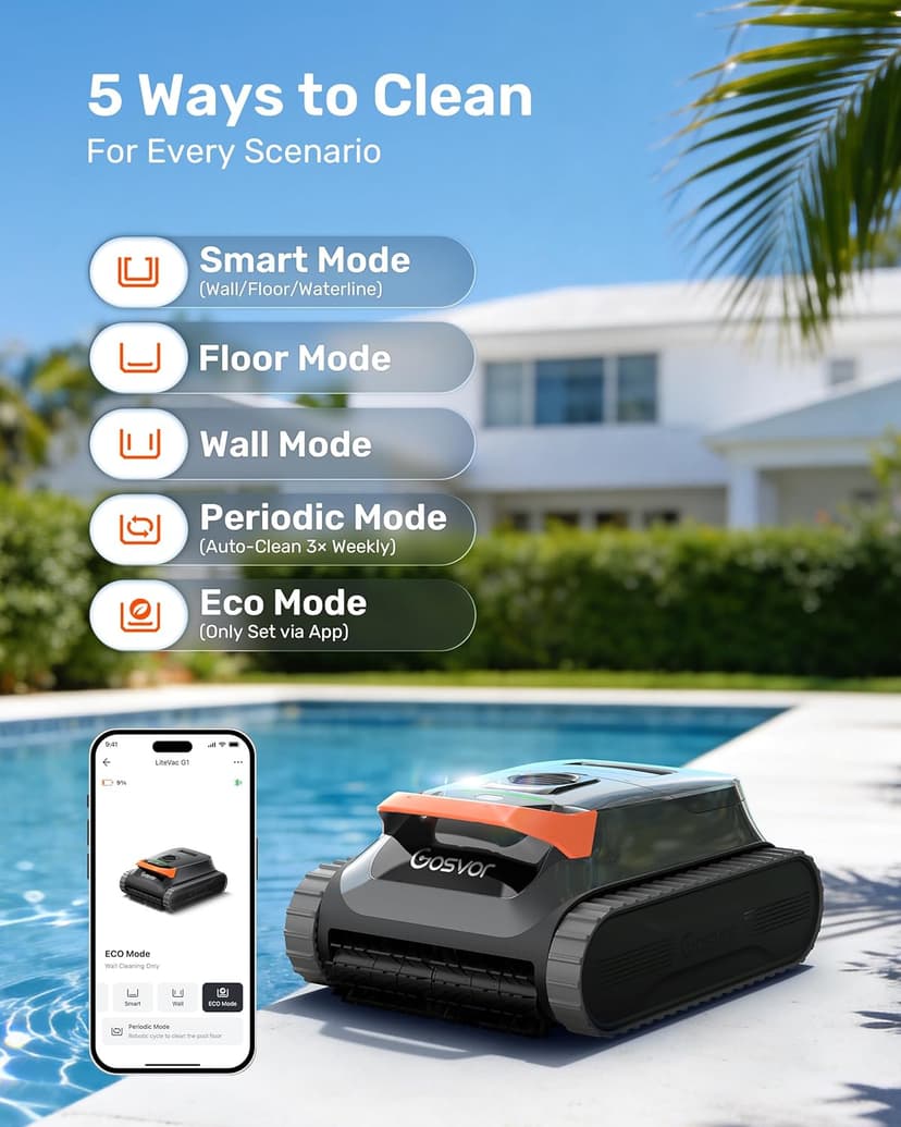 Gosvor LiteVac G1 Pool Vacuum, Wall & Waterline Cleaning, Double Filtration, 150-Min Battery Life for Smart Mode, 200-Min Battery Life for ECO Mode, Smart Navigation, with APP, Orange