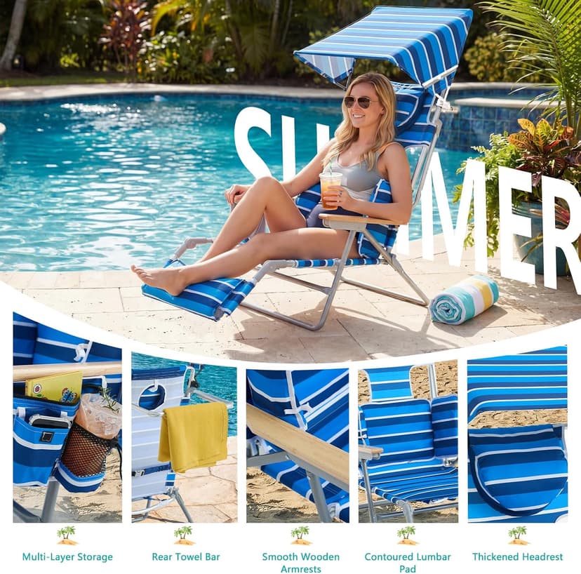 Oversized Beach Chair for Adults,5 Position Adjustable Tanning Chair with Sun Canopy,Folding Reclining Lounge Chir with Face Holes,Backpack Portable for Patio Pool Camping (Blue-White,Medium)