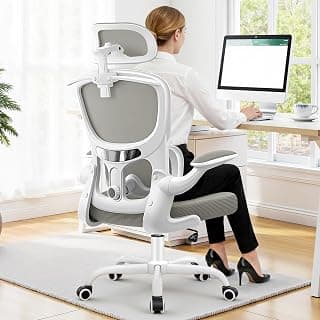 ALLGOD Ergonomic Office Chair, Mesh Desk Chair with Lumbar Support, High Back Home Office Chair with Adjustable Headrest and Flip-Up Arms, Comfortable Computer Chair, Thick Cushion, 300 LBS, LightGray