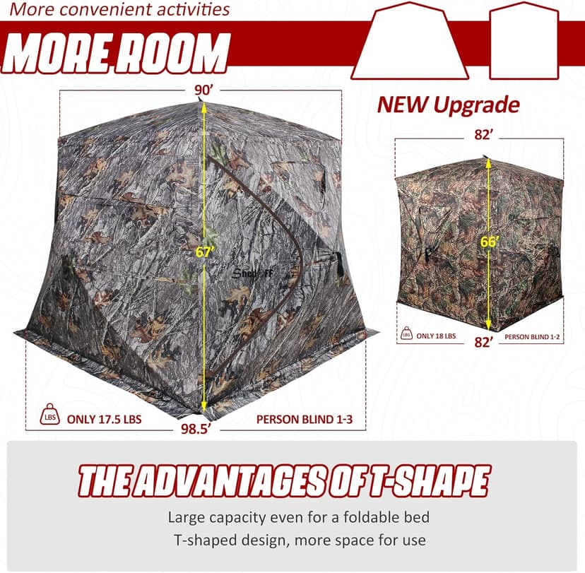 Wide Bottom Hunting Blind 1-3 Person with Portable Chair, 270 Degree See Through Pop up Ground Blinds for Deer Turkey Duck Hunting, Bow Hunting Adjust Windows with Silent Zipper