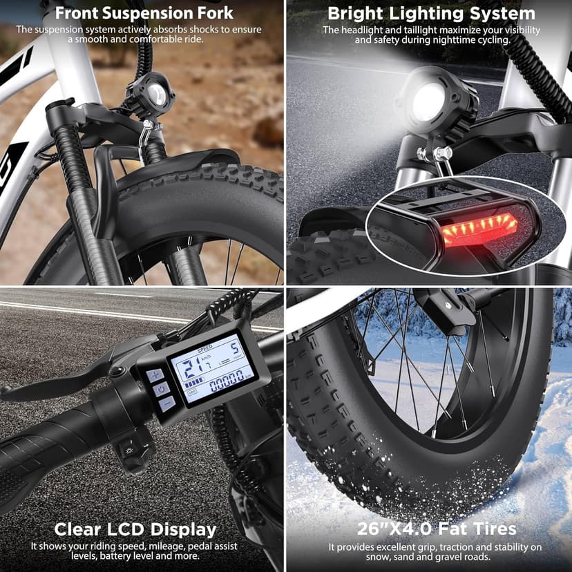 Electric Bike for Adults, 1000W Peak Ebike, 25MPH 60Miles Electric Mountain Bike, 26" Fat Tire Electric Bicycle with 48V 13AH Battery, Front Suspension,7 Speed, Rear Rack, UL 2849 Certified