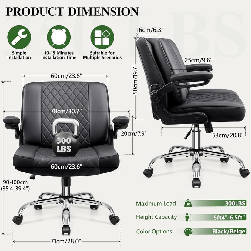Criss Cross Office Chair with 2-in-1 Flip Backrest – Ergonomic PU Leather Floor Sitting Chair, Adjustable Height, 360° Swivel & Flip-Up Arms, Extra-Wide Seat for Home Office, Vanity, Nail Salon-Black