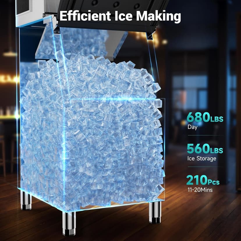 680LBS/24h & 560 LBS Storage Bin Commercial Ice Maker Machine, Ice Ready in 8-15 Min, ETL Approval Self Cleaning Stainless Steel Industrial Ice Machine for Bar Restaurant Cafe, Silver