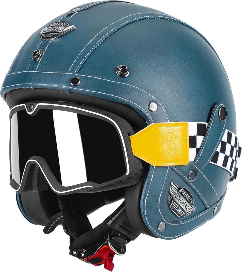 Handmade Leather 3/4 Open Face Motorcycle Helmet Retro Vintage Style DOT Approved Adult Half Helmet for Men Women Motorbike Moped Cruiser Scooter
